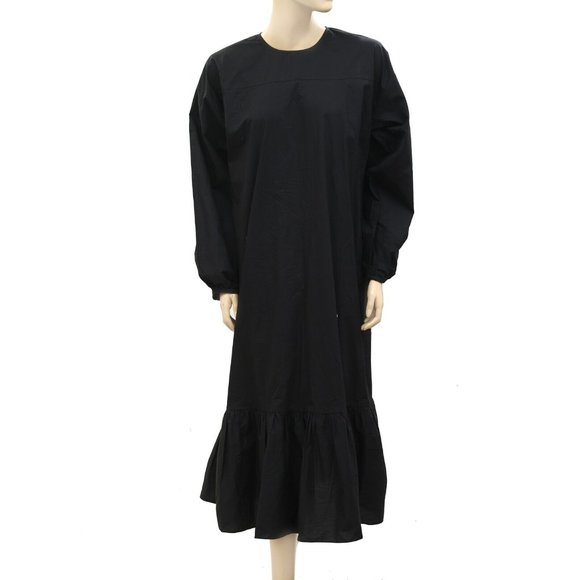 Merlette NYC Black Cotton-Voile Midi Dress Ruffle Resort Long Sleeve S
